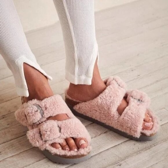 Birkenstock Arizona Teddy Shearling Platform Sandals Pink Big Buckle 36 US 5 NWT